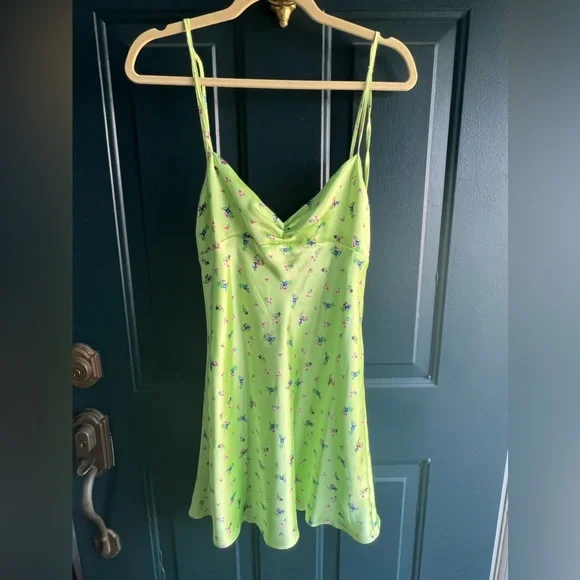 green satin mini dress zara FLORAL SATIN MINI DRESS - Fluorescent lime